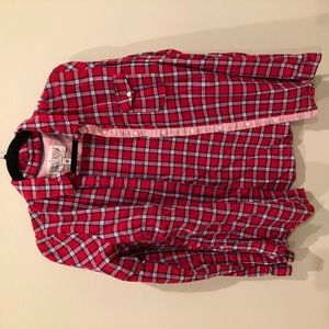 red plaid button down shirt
